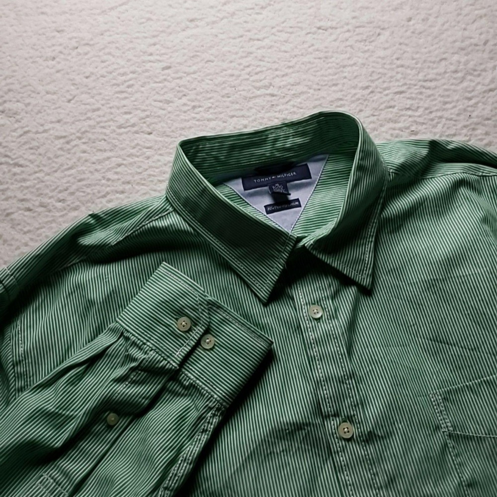 Tommy Hilfiger Dress Shirt Mens XL Green Stripe Classic Fit Long Sleeve‎ Woven